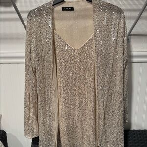 Elegant Gold Sequin Dress & Cardigan Set